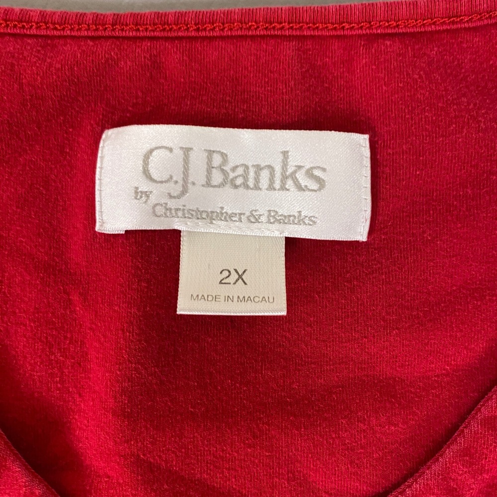 CJ Banks T-Shirt Plus Size 2X Red Long Sleeve V-Neck Embellished Cotton Stretch - Picture 4 of 9